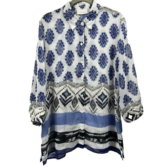 Chico's Top Sheer Size Medium Blue White 3/4 Casual Sleeve Chiffon Beachy Light - Picture 1 of 8